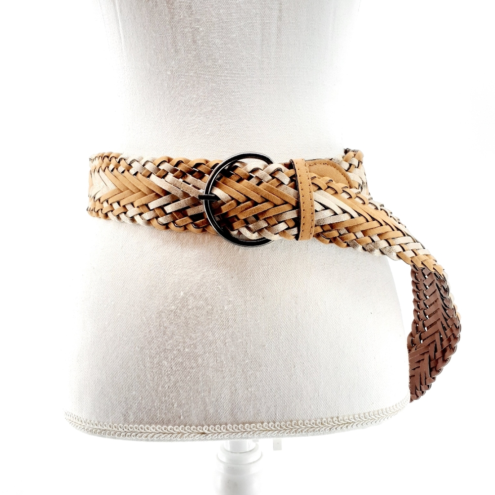 Womens faux leather brown metallic belt